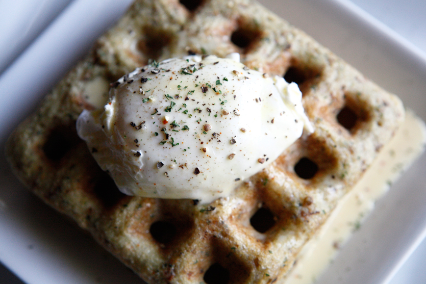 Savory Paleo Waffles with Poached Eggs and Hollandaise Sauce