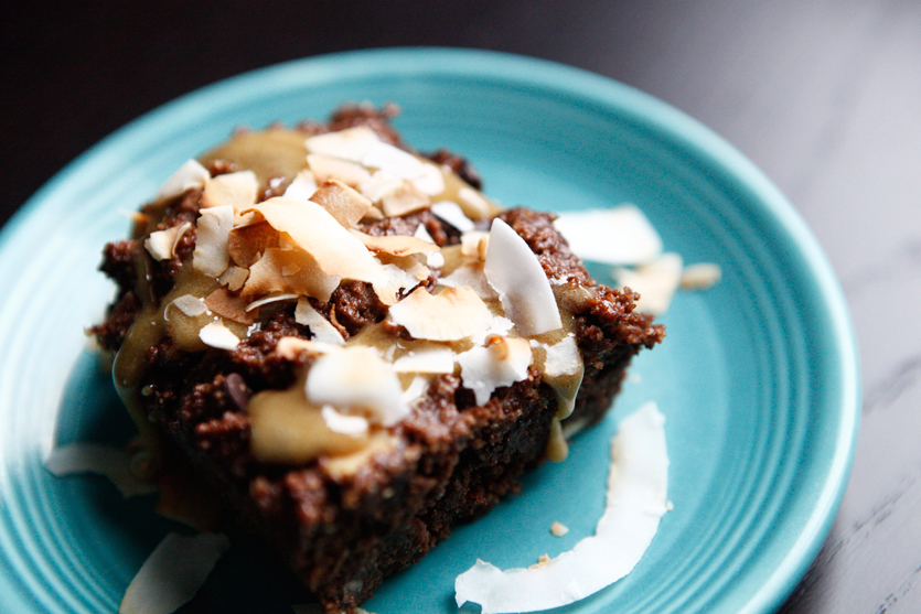 Brownies with Caramel and Toasted Coconut Flakes