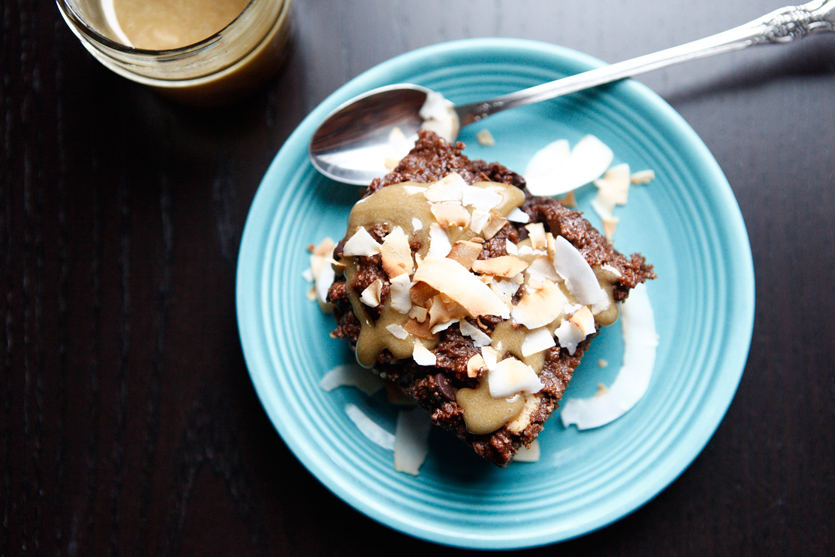 Brownies with Caramel and Toasted Coconut Flakes