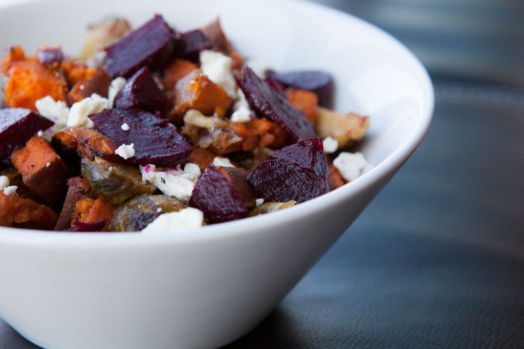 Roasted Sweet Potatoes and Brussels Sprouts with Feta and Beets