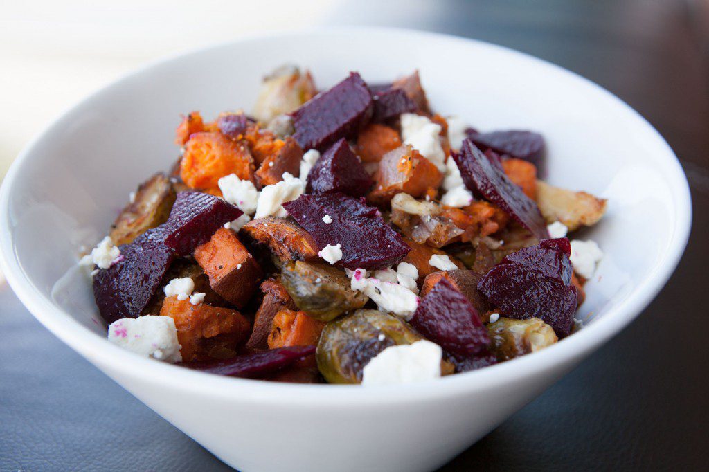 Roasted Sweet Potatoes and Brussels Sprouts with Feta and Beets