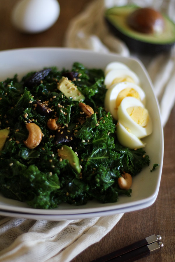 Blanched Kale Salad with Sesame Dressing, Figs and Avocado