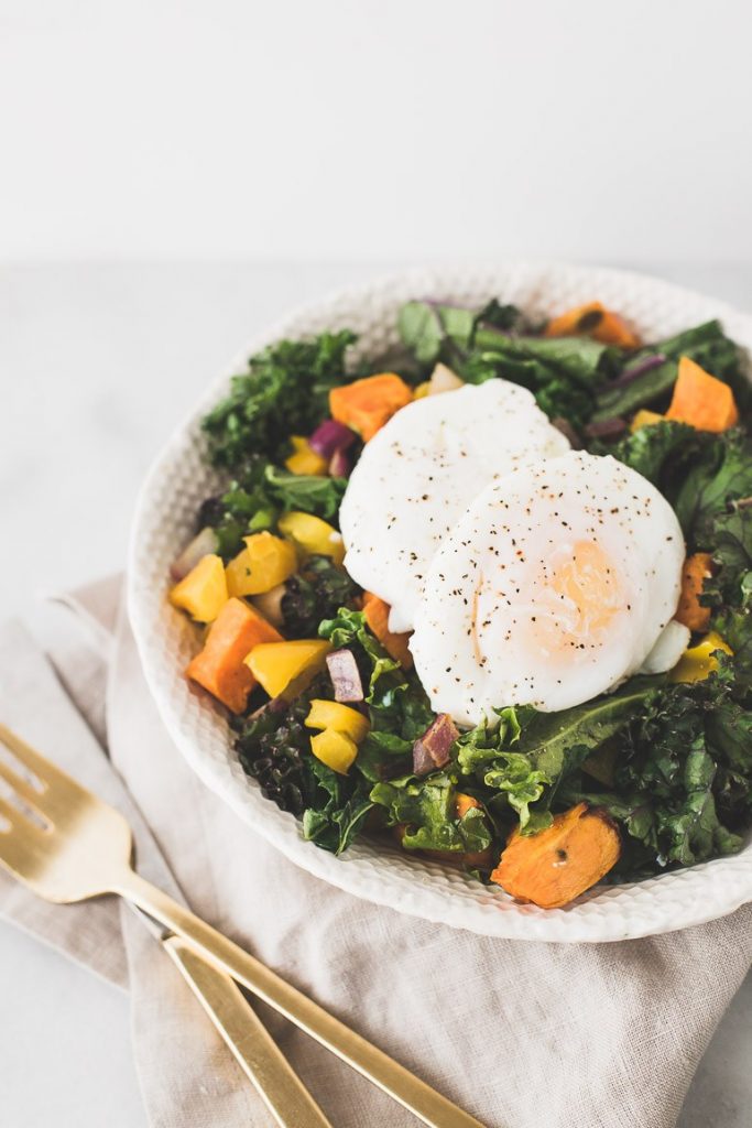 Easy Breakfast Salad With Poached Eggs & Wilted Kale