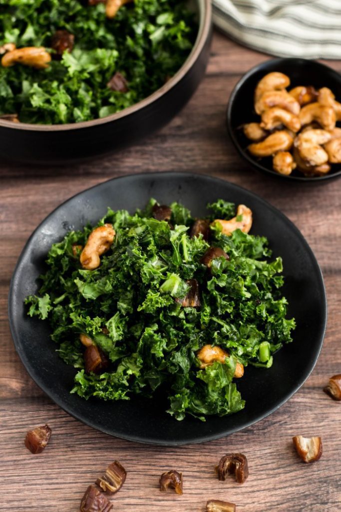 Kale Salad with Spiced Maple Cashews, Dates & Pomegranate Molasses Dressing