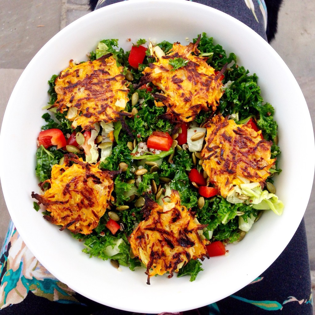 Kale Salad with Sweet Potato Hash Browns