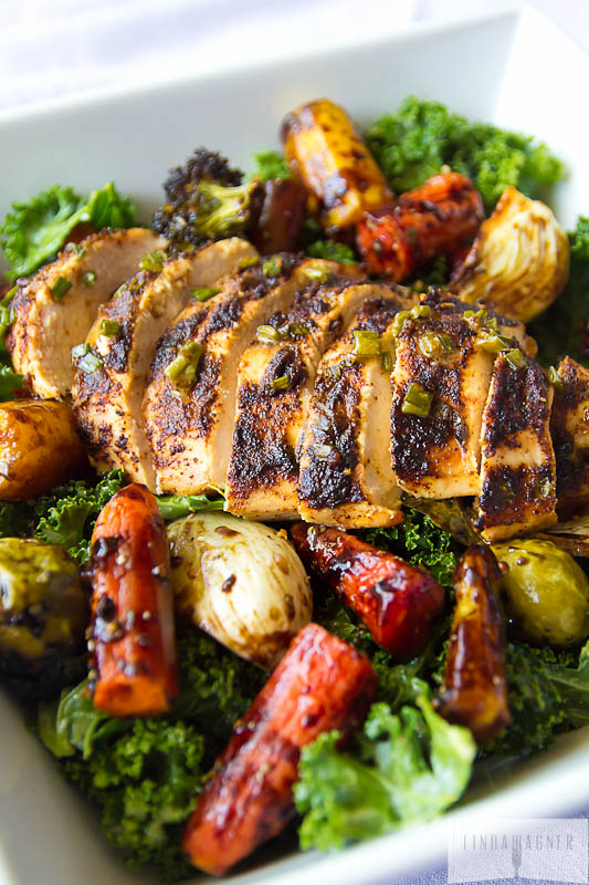 Paleo Kale Salad with Roasted Chicken, Roasted Veggies & Orange Sesame Vinaigrette