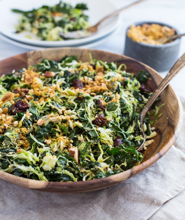 Shredded Brussels Sprout and Kale Salad with Maple Pecan Parmesan