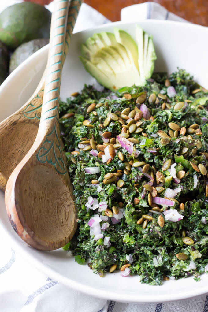 Vegan Kale Caesar Salad With Avocado and Toasted Pepitas