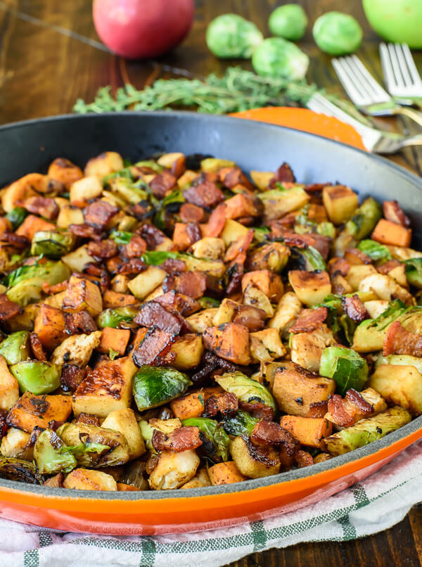 Harvest Chicken Skillet with Sweet Potatoes Brussels Sprouts and Sautéed Apples