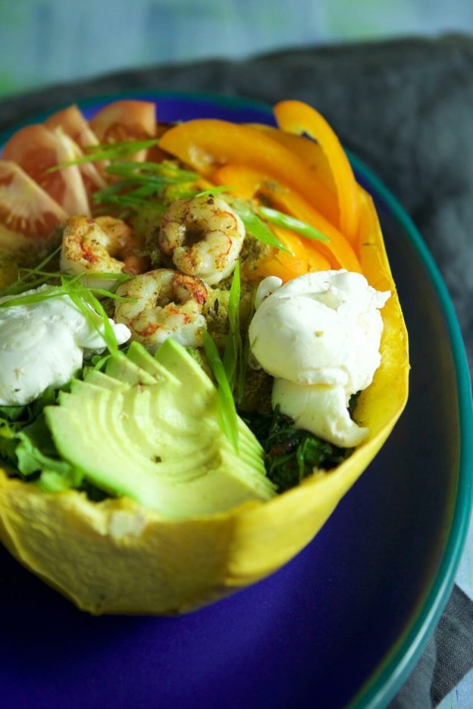 Spaghetti Squash Pesto Shrimp Breakfast Bowls