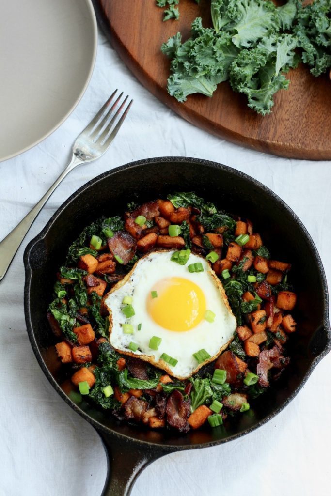 Sweet Potato Bacon Kale Hash for One