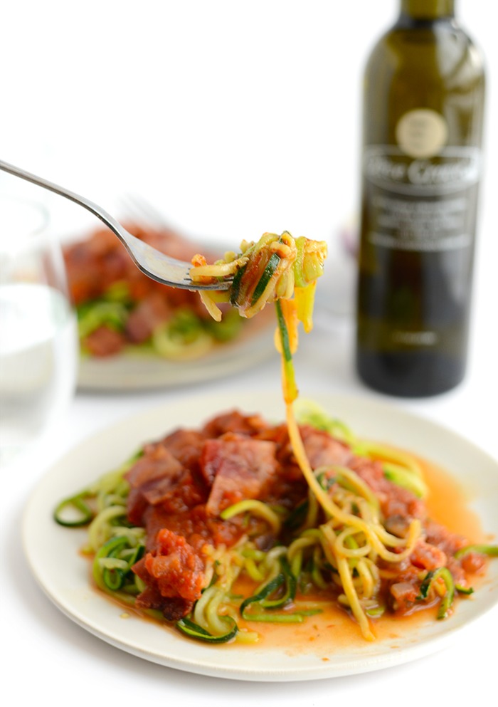 Zoodle Pasta with Mushroom Onion Marinara and Bacon