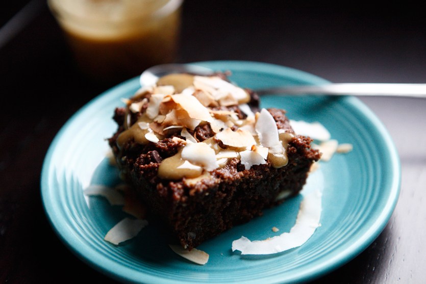 BROWNIES WITH CARAMEL AND TOASTED COCONUT FLAKES