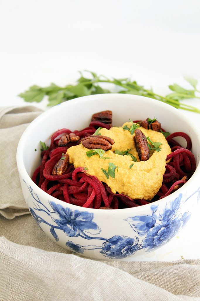 BEET NOODLE PUMPKIN ALFREDO WITH SPICED PECANS