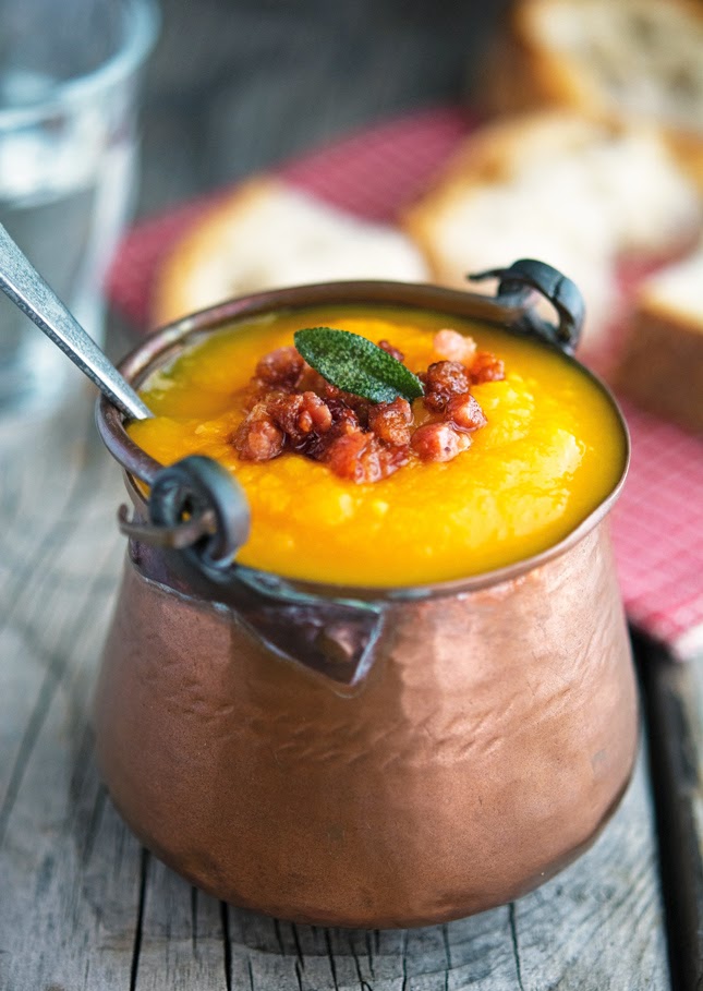 PUMPKIN AND CARROT SOUP WITH CRISPY PANCETTA AND FRIED SAGE