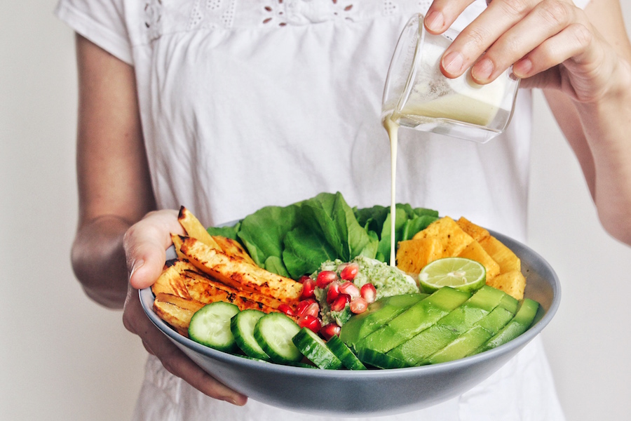 PUMPKIN SWEET POTATO BUDDHA BOWL WITH CREAMY MUSTARD CASHEW DRESSING