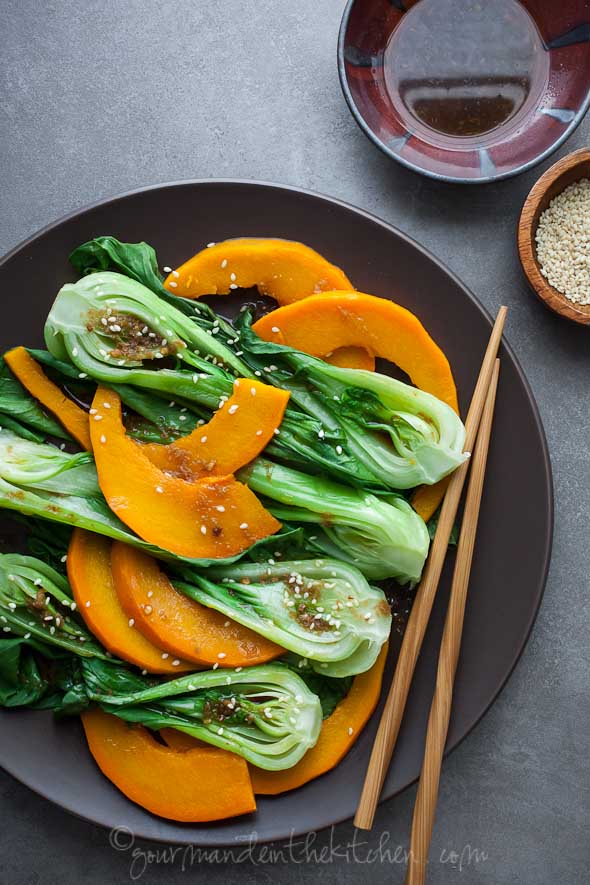 STEAMED PUMPKIN AND BABY BOK CHOY WITH GINGER SESAME SAUCE (VEGAN, PALEO)