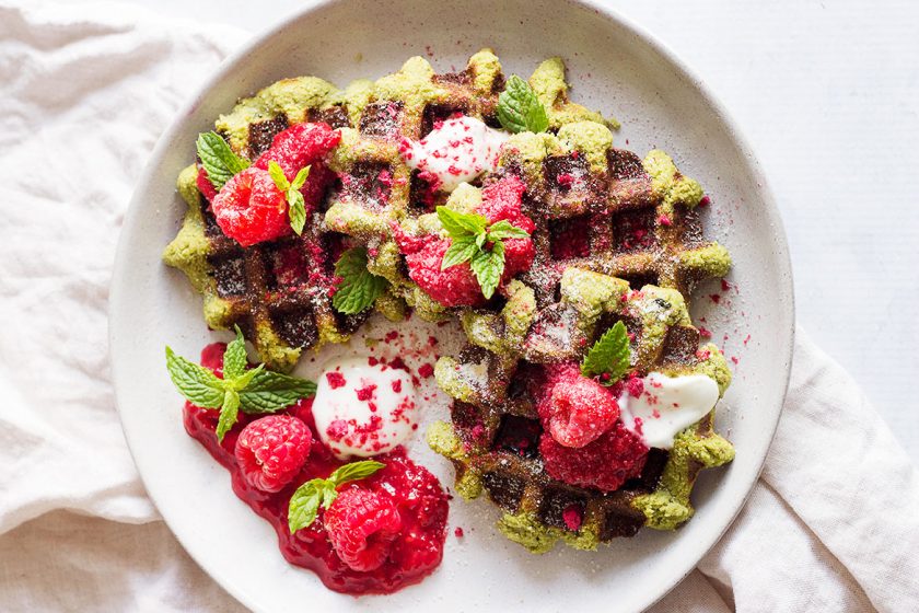 MATCHA WAFFLES WITH RASPBERRY COULIS