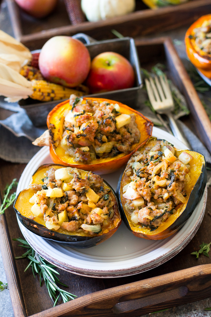 CARAMELIZED ONION APPLE SAUSAGE STUFFED ACORN SQUASH