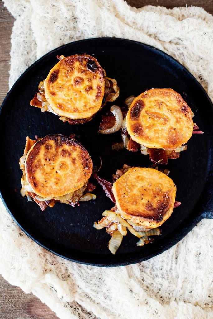 BACON AND CARAMELIZED MAPLE ONION SWEET POTATO BREAKFAST SANDWICHES