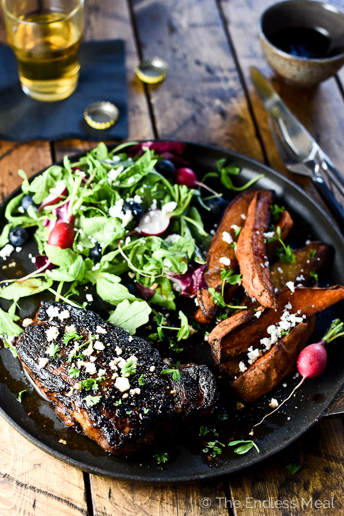 BOURBON CHIPOTLE STEAK WITH SWEET POTATO MOJOS