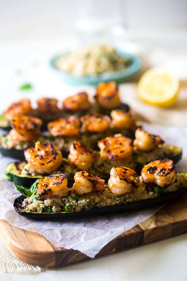 CAULIFLOWER RICE STUFFED GRILLED ZUCCHINI WITH SHRIMP