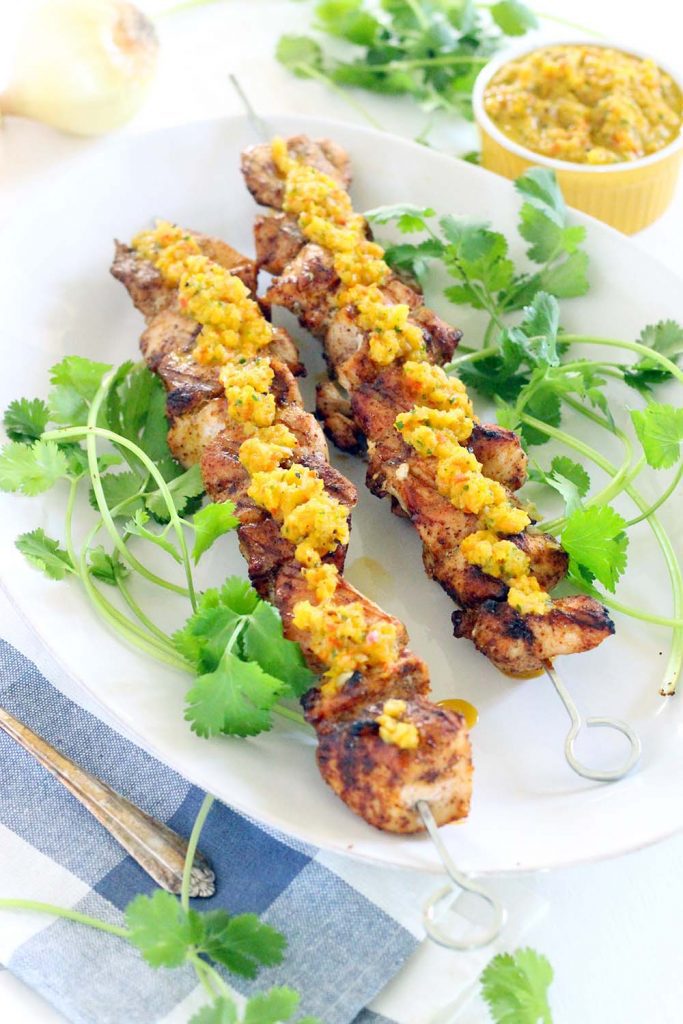 GRILLED CHICKEN SKEWERS WITH SWEET PEPPER RELISH