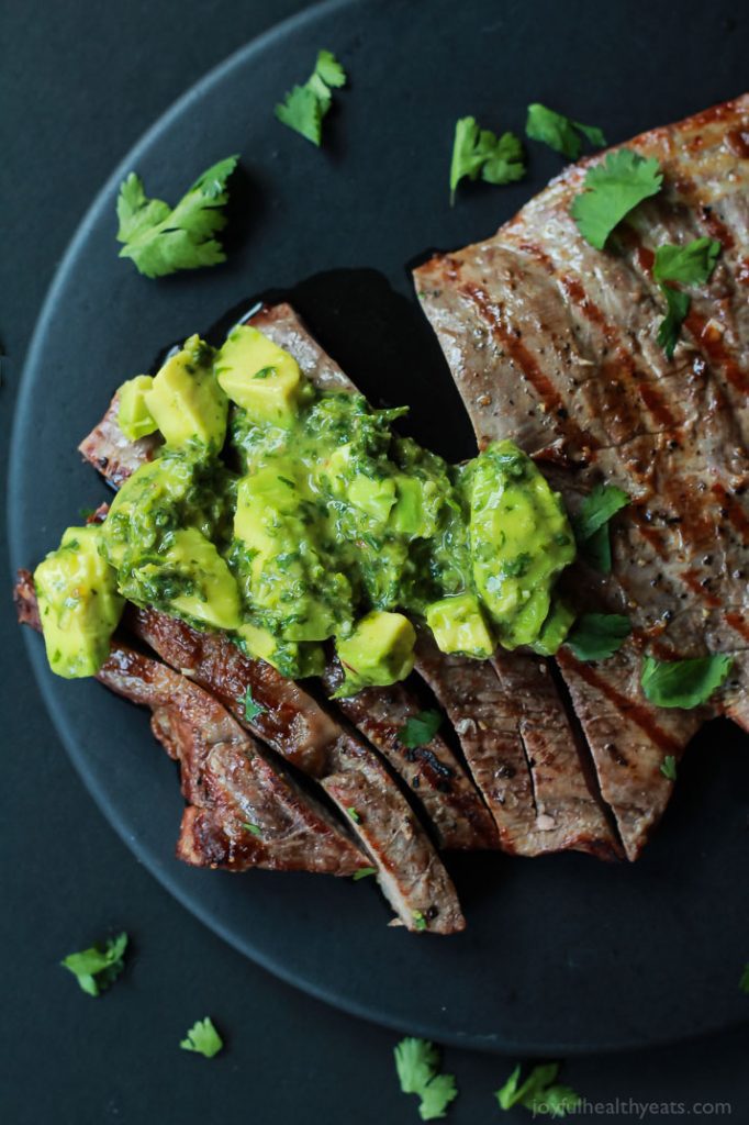 GRILLED FLANK STEAK WITH AVOCADO CHIMICHURRI