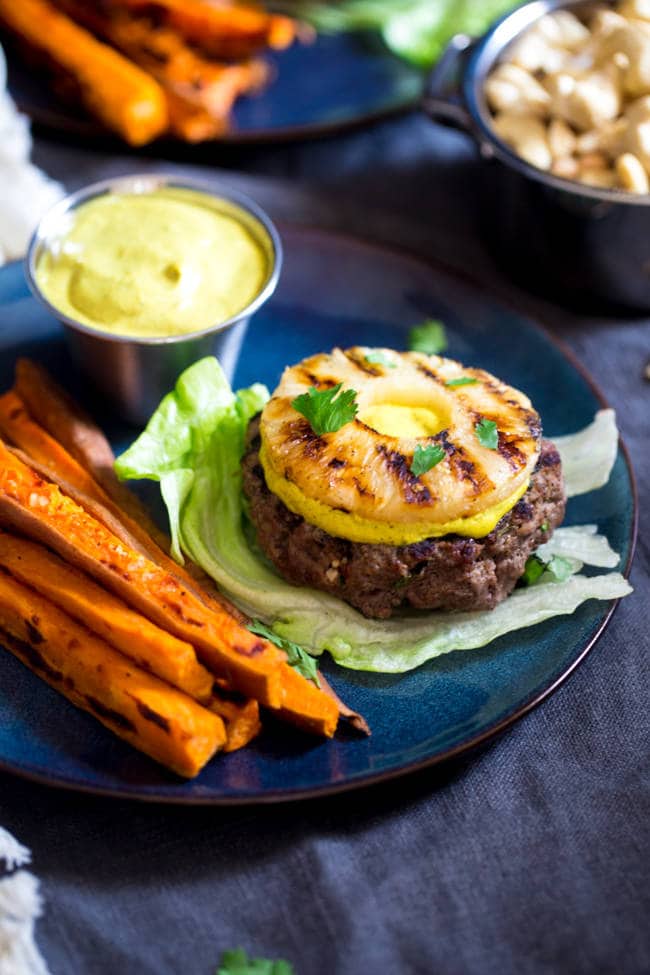 GRILLED PINEAPPLE PALEO BURGER WITH CURRY CASHEW CREAM