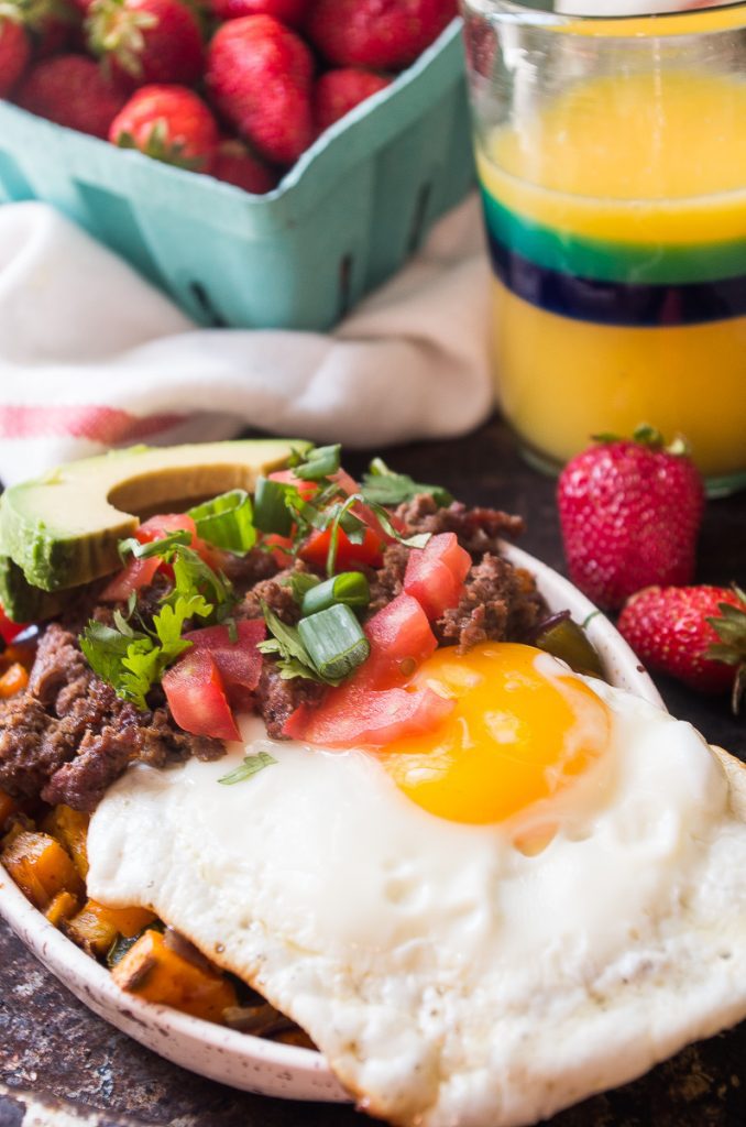 PALEO BREAKFAST BURRITO BOWLS WITH BISON SAUSAGE AND SWEET POTATO HASH