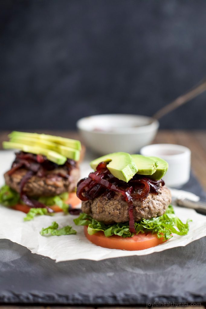 PALEO BURGERS WITH CARAMELIZED BALSAMIC ONIONS & AVOCADO