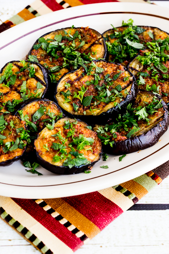 SPICY GRILLED EGGPLANT WITH RED PEPPER, PARSLEY, AND MINT