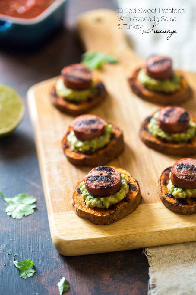 SPICY GRILLED SWEET POTATOES WITH AVOCADO SALSA AND TURKEY SAUSAGE