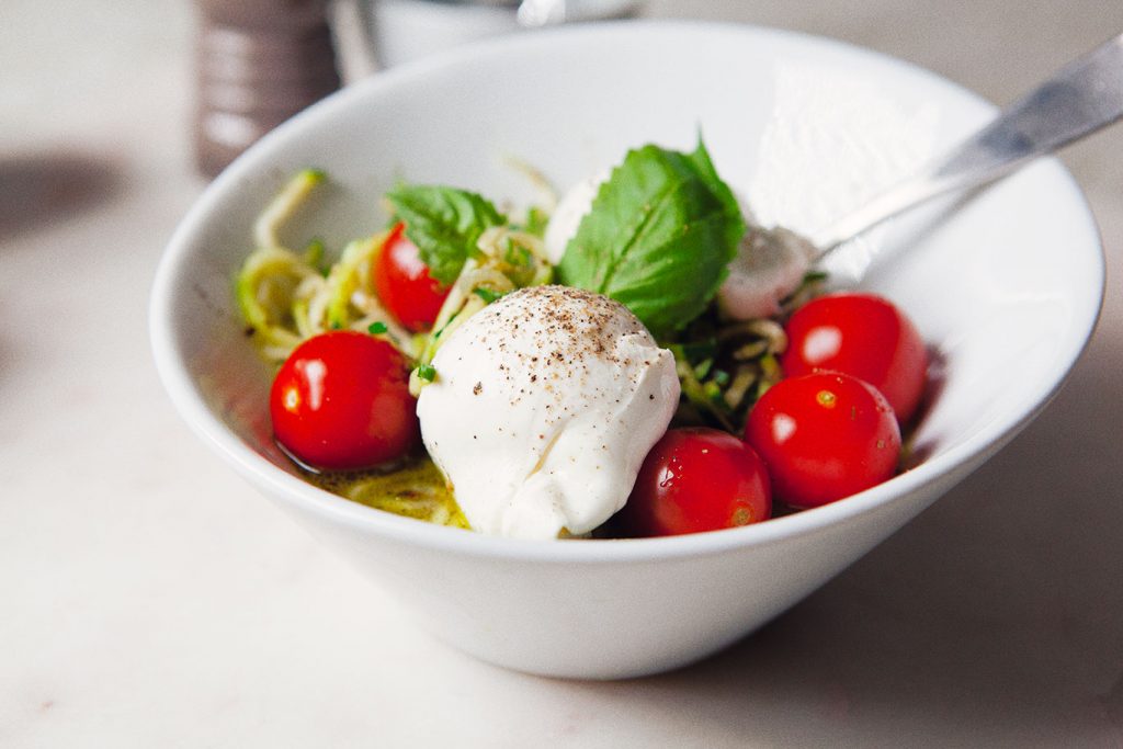 Pesto Zoodles with Burrata Cheese and Basil