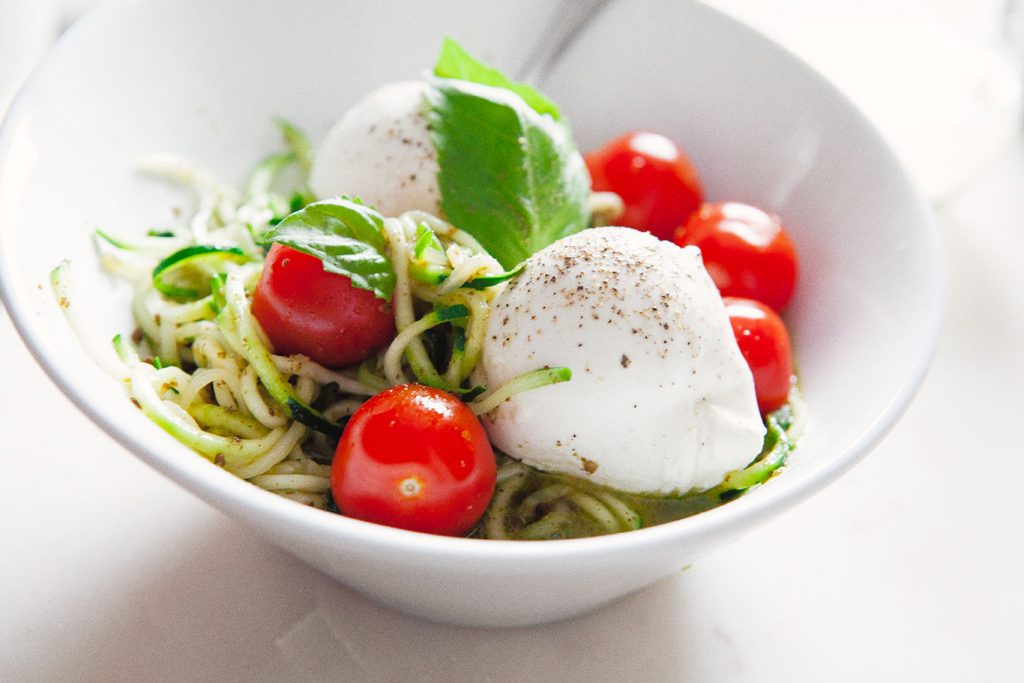 Pesto Zoodles with Burrata Cheese and Basil