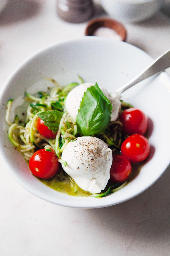 Pesto Zoodles with Burrata Cheese and Basil