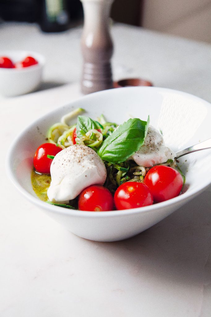 Pesto Zoodles with Burrata Cheese and Basil