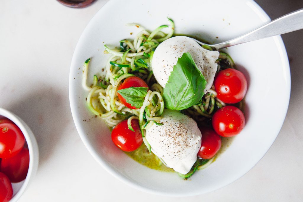 Pesto Zoodles with Burrata Cheese and Basil
