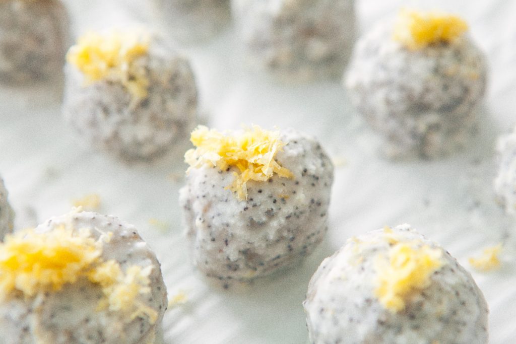 Lemon Energy Balls with Poppy Seed Coconut Glaze