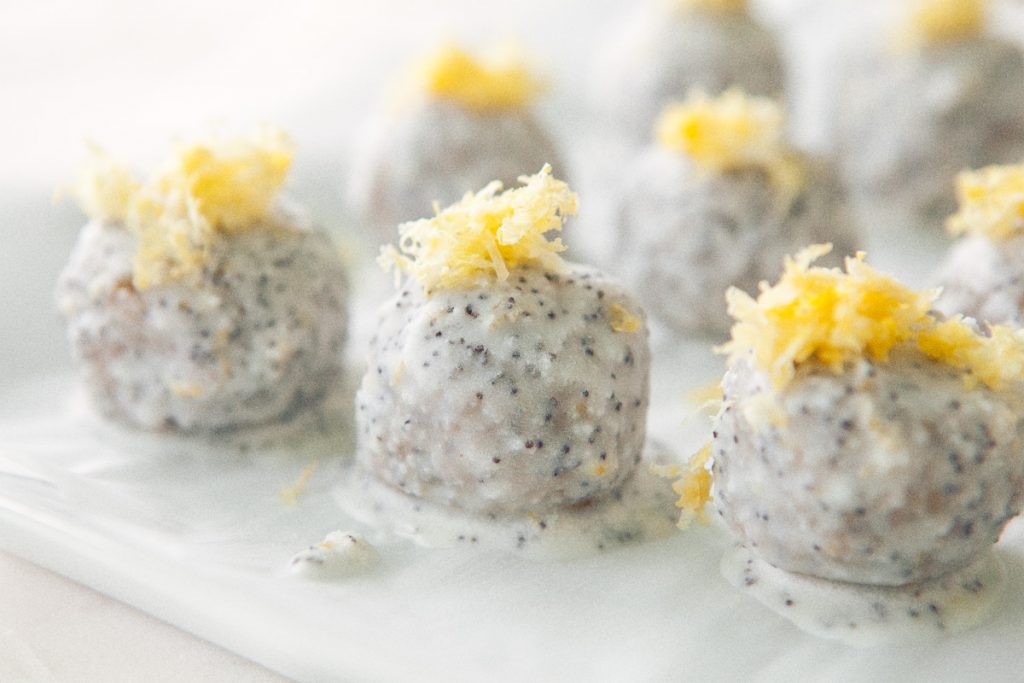 Lemon Energy Balls with Poppy Seed Coconut Glaze