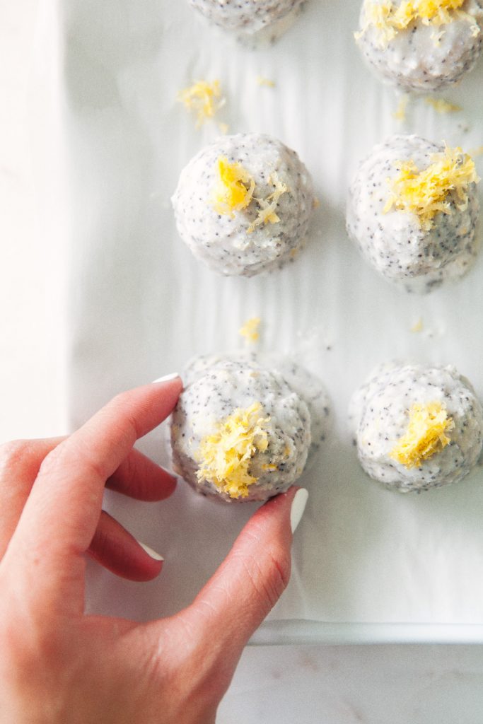 Lemon Energy Balls with Poppy Seed Coconut Glaze