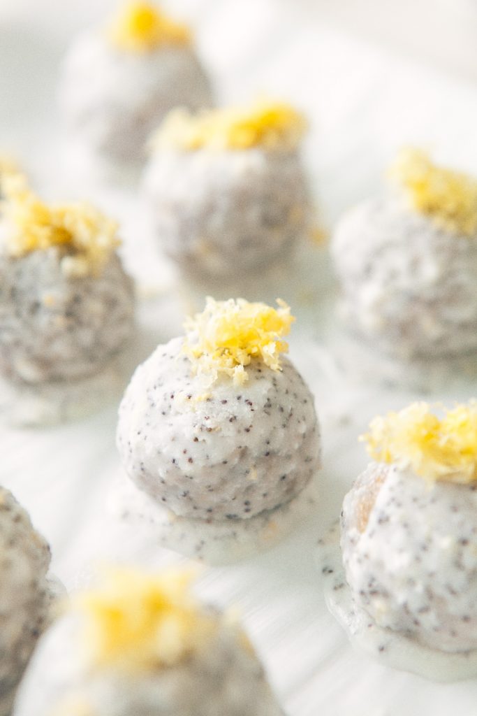 Lemon Energy Balls with Poppy Seed Coconut Glaze