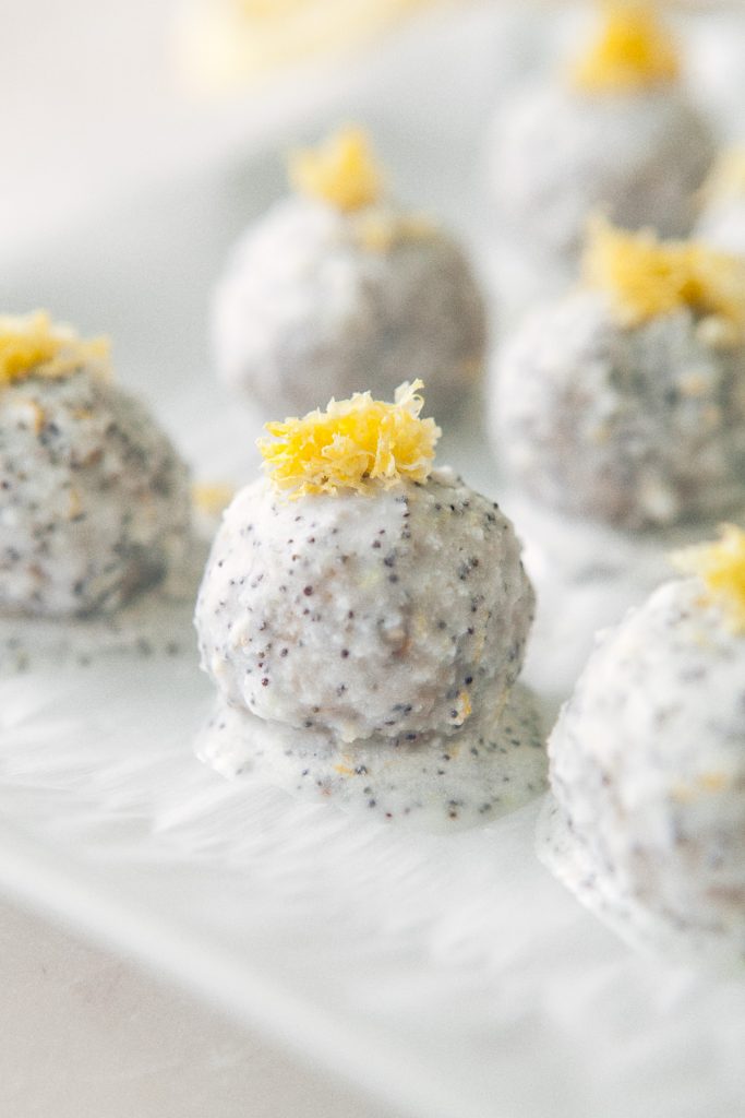 Lemon Energy Balls with Poppy Seed Coconut Glaze