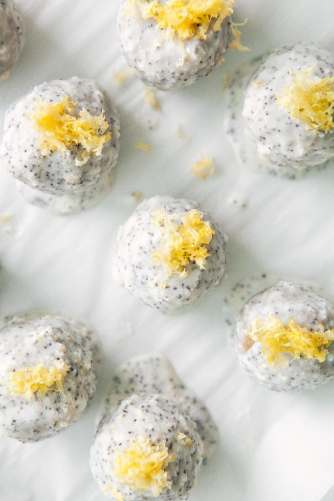 Lemon Energy Balls with Poppy Seed Coconut Glaze