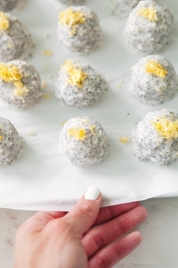 Lemon Energy Balls with Poppy Seed Coconut Glaze