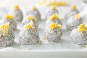 Lemon Energy Balls with Poppy Seed Coconut Glaze