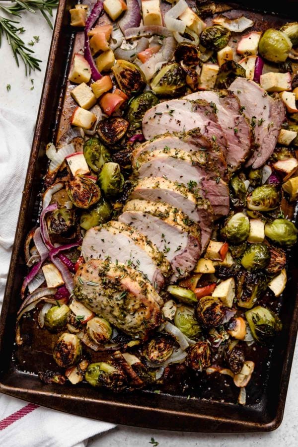 One-Pan Pork Loin with Brussels and Apples