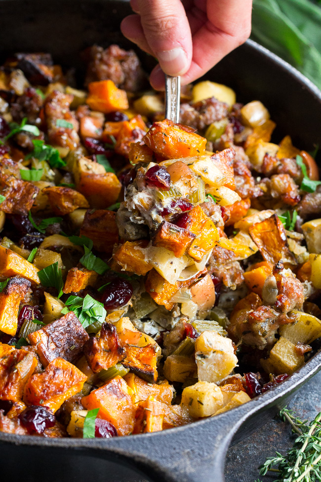 Paleo Butternut Sausage Stuffing with Apples and Cranberries
