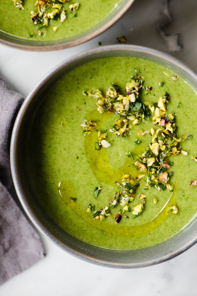 Spinach Potato Soup with Pistachio Gremolata