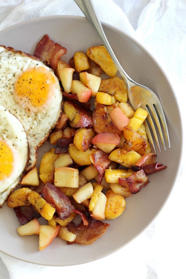 Sweet Plantain Apple Bacon Breakfast Hash